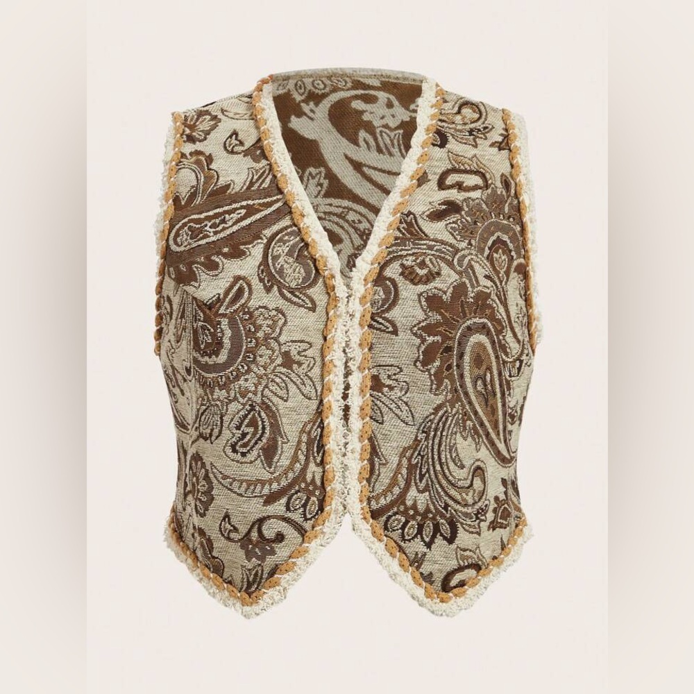 NEW HOUSE OF HARLOW 1960 Boho Tapestry Jacquard Paisley Floral Woven Fringe Vest